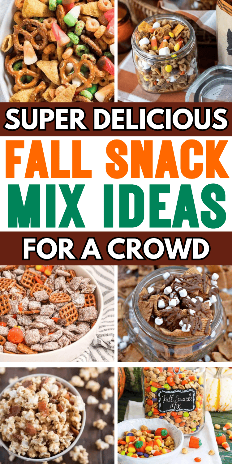 Easy fall snack mix recipes! These fall snack mix ideas are the best sweet and salty no bake fall party snacks for a crowd. With fun ingredients like candy corn, popcorn, bugles, white chocolate, these fall chex mix recipes are perfect for kids after school snacks, in treat bags for a bake sale, or movie night snacks. With gluten free and healthy fall snack mixes, halloween snack mix ideas, harvest snack mix for fall, autumn mix, trail mix recipes, pumpkin spice snack mix, Thanksgiving snacks.