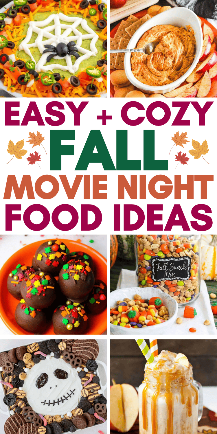 Fun Fall movie night snacks and food ideas! Have a cozy fall movie night at home with this list of easy movie night treat recipes and essentials. Forget plain popcorn - try some new fall movie night food! Fall movie night meals, fall family movie night ideas, outdoor projector backyard fall backyard movie night, fall aesthetic movie night, fall movie night dinner, fall themed movie night, healthy fall snacks movie night party, autumn charcuterie board ideas, kids movie night snacks, hocus pocus.