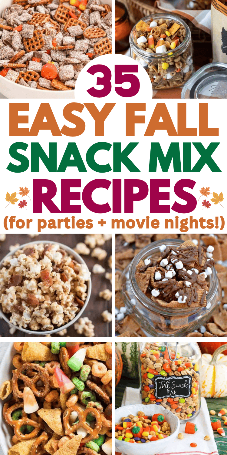 Easy fall snack mix recipes! These fall snack mix ideas are the best sweet and salty no bake fall party snacks for a crowd. With fun ingredients like candy corn, popcorn, bugles, white chocolate, these fall chex mix recipes are perfect for kids after school snacks, in treat bags for a bake sale, or movie night snacks. With gluten free and healthy fall snack mixes, halloween snack mix ideas, harvest snack mix for fall, autumn mix, trail mix recipes, pumpkin spice snack mix, Thanksgiving snacks.