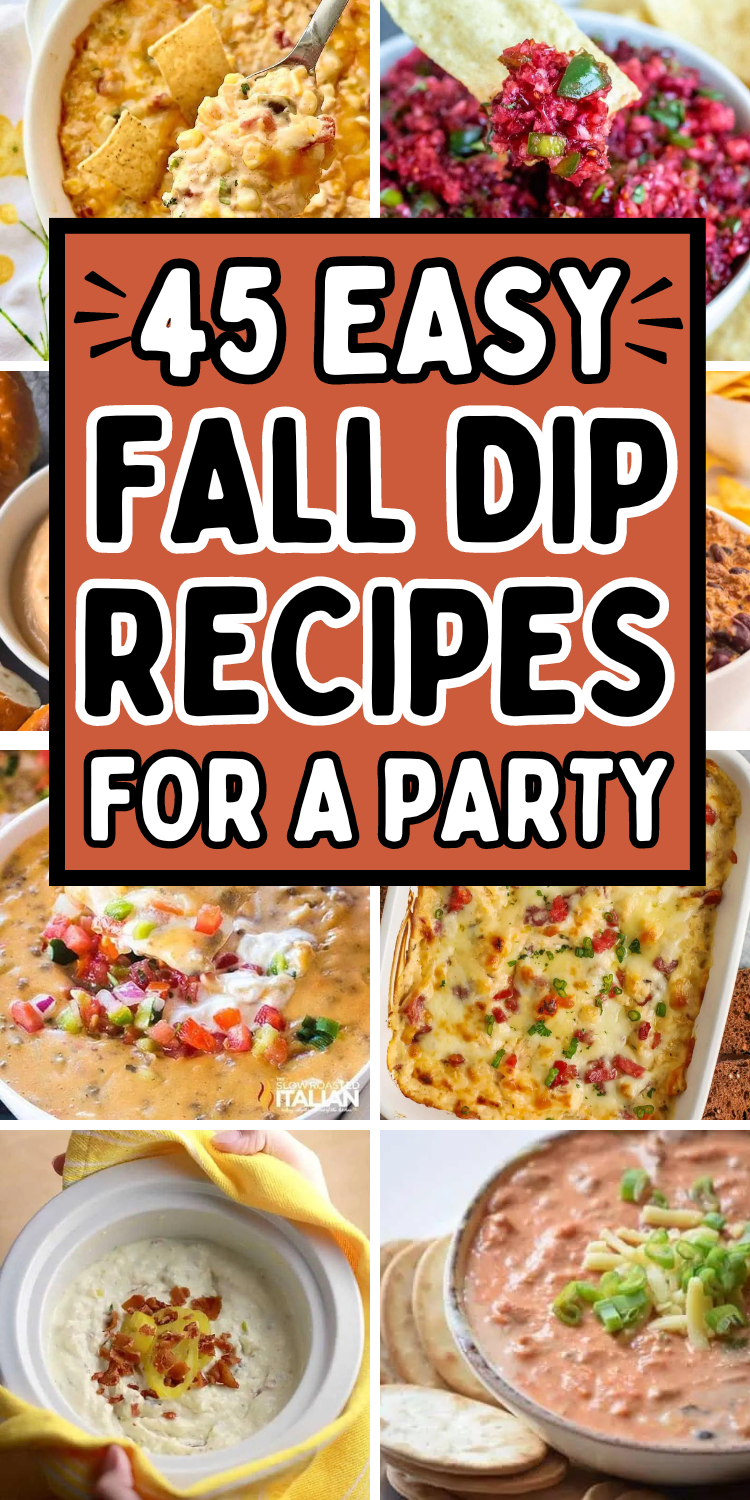 Easy fall dips for parties! These hot and cold dip recipes make easy light fall appetizers, sweet and savory snacks, and fall party food for a crowd. Dip recipes fall, fall appetizer dips, dip for thanksgiving, pumpkin fall dip, fall dessert dip recipes, fall party dip recipes, fall hot dips, fall party snacks, fall finger foods, fall recipes appetizers, caramel apple dip, appetizers for party fall, October appetizers, fall birthday party food, food to bring to Thanksgiving, fall bonfire snacks.