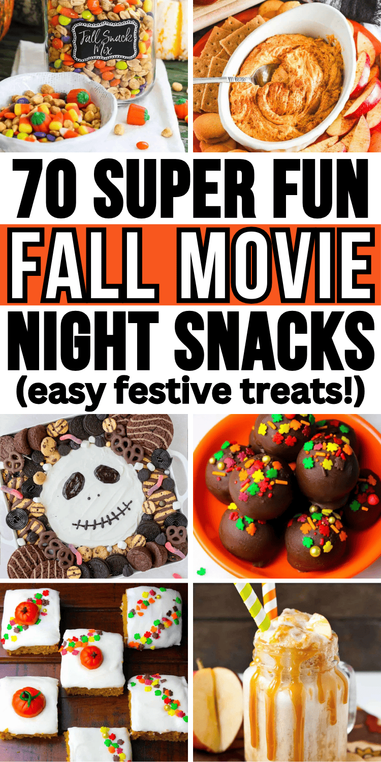 Fun Fall movie night snacks and food ideas! Have a cozy fall movie night at home with this list of easy movie night treat recipes and essentials. Forget plain popcorn - try some new fall movie night food! Fall movie night meals, fall family movie night ideas, outdoor projector backyard fall backyard movie night, fall aesthetic movie night, fall movie night dinner, fall themed movie night, healthy fall snacks movie night party, autumn charcuterie board ideas, kids movie night snacks, hocus pocus.