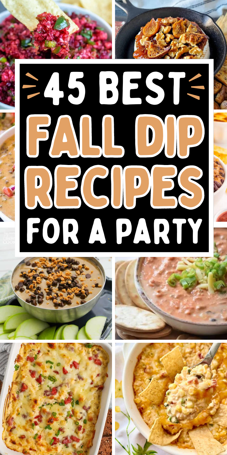 Easy fall dips for parties! These hot and cold dip recipes make easy light fall appetizers, sweet and savory snacks, and fall party food for a crowd. Dip recipes fall, fall appetizer dips, dip for thanksgiving, pumpkin fall dip, fall dessert dip recipes, fall party dip recipes, fall hot dips, fall party snacks, fall finger foods, fall recipes appetizers, caramel apple dip, appetizers for party fall, October appetizers, fall birthday party food, food to bring to Thanksgiving, fall bonfire snacks.