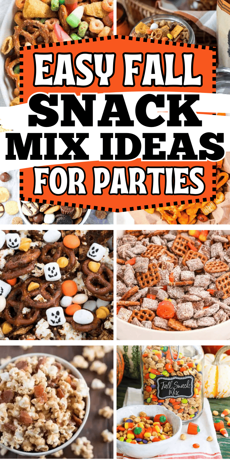 Easy fall snack mix recipes! These fall snack mix ideas are the best sweet and salty no bake fall party snacks for a crowd. With fun ingredients like candy corn, popcorn, bugles, white chocolate, these fall chex mix recipes are perfect for kids after school snacks, in treat bags for a bake sale, or movie night snacks. With gluten free and healthy fall snack mixes, halloween snack mix ideas, harvest snack mix for fall, autumn mix, trail mix recipes, pumpkin spice snack mix, Thanksgiving snacks.