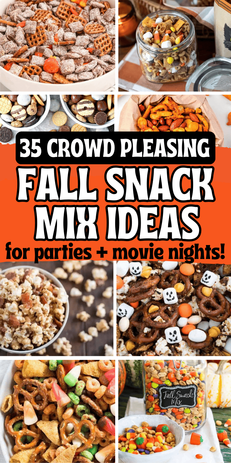 Easy fall snack mix recipes! These fall snack mix ideas are the best sweet and salty no bake fall party snacks for a crowd. With fun ingredients like candy corn, popcorn, bugles, white chocolate, these fall chex mix recipes are perfect for kids after school snacks, in treat bags for a bake sale, or movie night snacks. With gluten free and healthy fall snack mixes, halloween snack mix ideas, harvest snack mix for fall, autumn mix, trail mix recipes, pumpkin spice snack mix, Thanksgiving snacks.