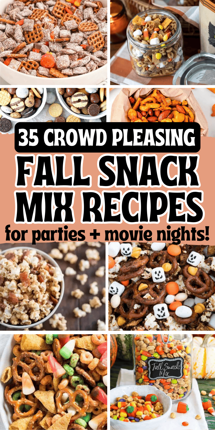 Easy fall snack mix recipes! These fall snack mix ideas are the best sweet and salty no bake fall party snacks for a crowd. With fun ingredients like candy corn, popcorn, bugles, white chocolate, these fall chex mix recipes are perfect for kids after school snacks, in treat bags for a bake sale, or movie night snacks. With gluten free and healthy fall snack mixes, halloween snack mix ideas, harvest snack mix for fall, autumn mix, trail mix recipes, pumpkin spice snack mix, Thanksgiving snacks.