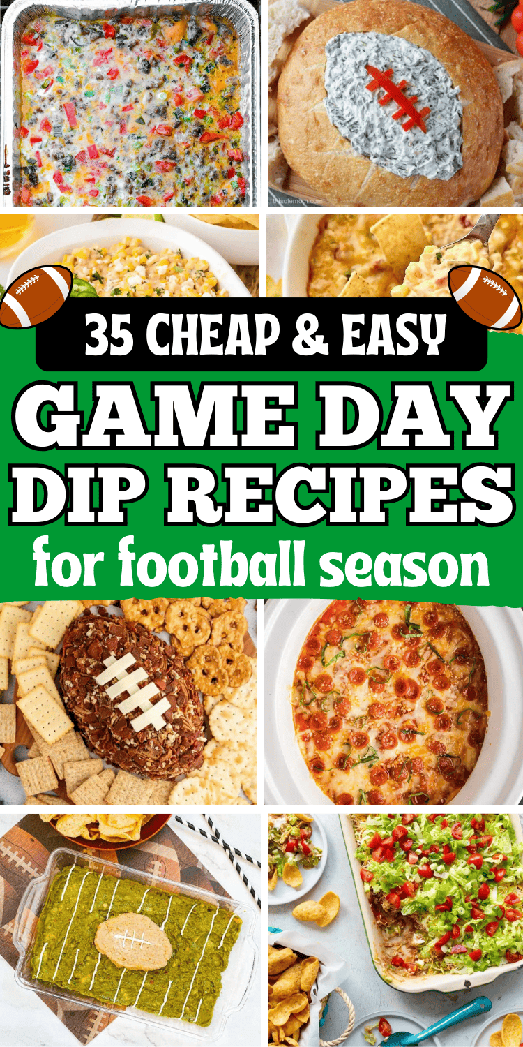 The best game day dips for football season! These football dip ideas include no cook cold dips and hot dip recipes like queso, buffalo chicken, jalapeno popper, and vegetarian cheesy corn dip. Easy football food ideas & game day snacks, hot dip superbowl dips easy, game day appetizers dips, superbowl party food ideas, game day crock pot dips, sweet game day dessert dips, tailgate snacks, football sunday food, gameday food, football appetizers, recipes, football party foods, football game snacks.