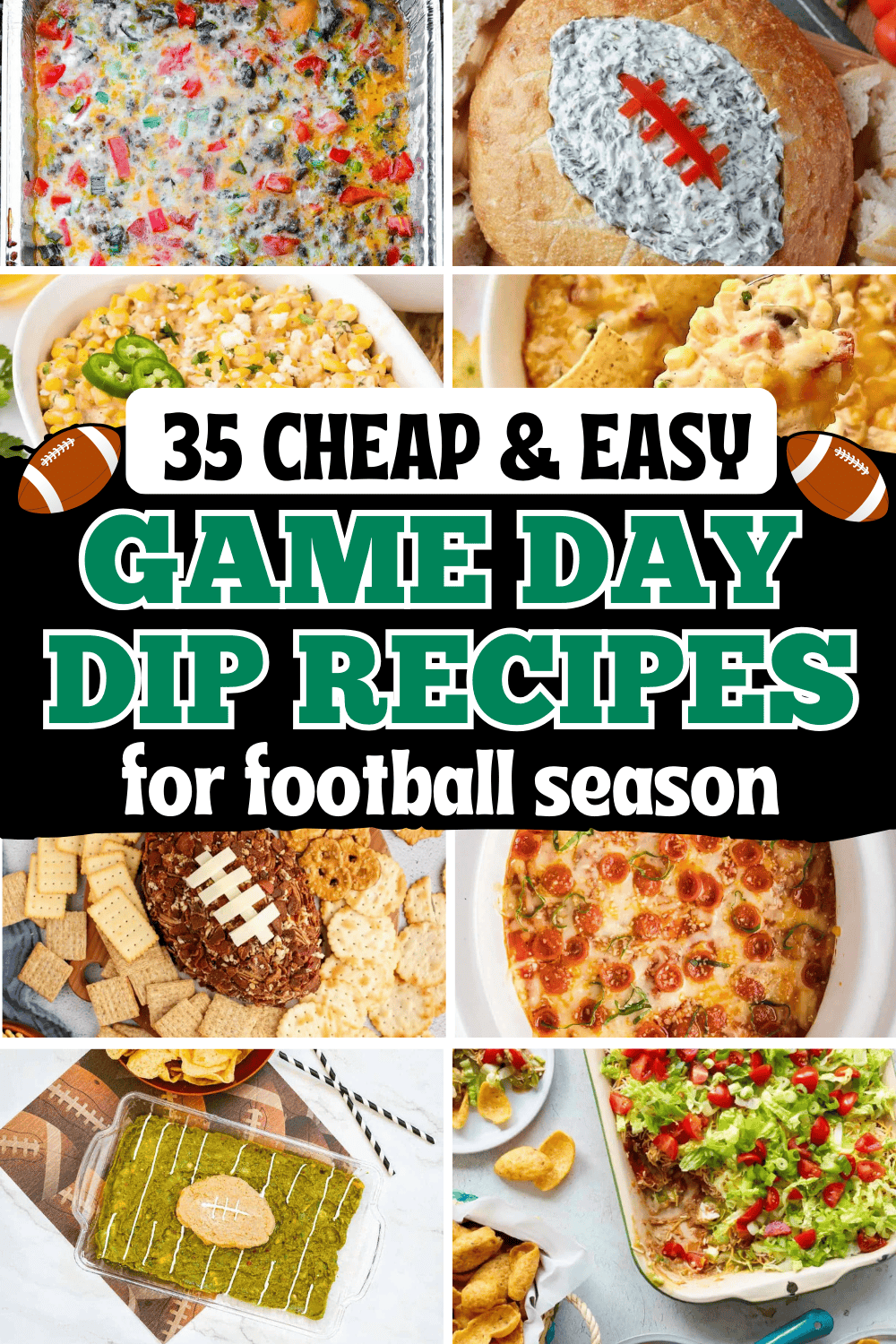 The best game day dips for football season! These football dip ideas include no cook cold dips and hot dip recipes like queso, buffalo chicken, jalapeno popper, and vegetarian cheesy corn dip. Easy football food ideas & game day snacks, hot dip superbowl dips easy, game day appetizers dips, superbowl party food ideas, game day crock pot dips, sweet game day dessert dips, tailgate snacks, football sunday food, gameday food, football appetizers, recipes, football party foods, football game snacks.