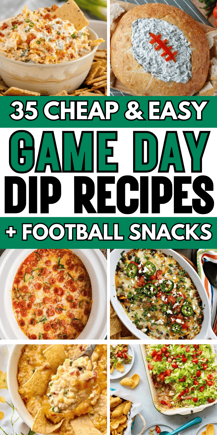 The best game day dips for football season! These football dip ideas include no cook cold dips and hot dip recipes like queso, buffalo chicken, jalapeno popper, and vegetarian cheesy corn dip. Easy football food ideas & game day snacks, hot dip superbowl dips easy, game day appetizers dips, superbowl party food ideas, game day crock pot dips, sweet game day dessert dips, tailgate snacks, football sunday food, gameday food, football appetizers, recipes, football party foods, football game snacks.