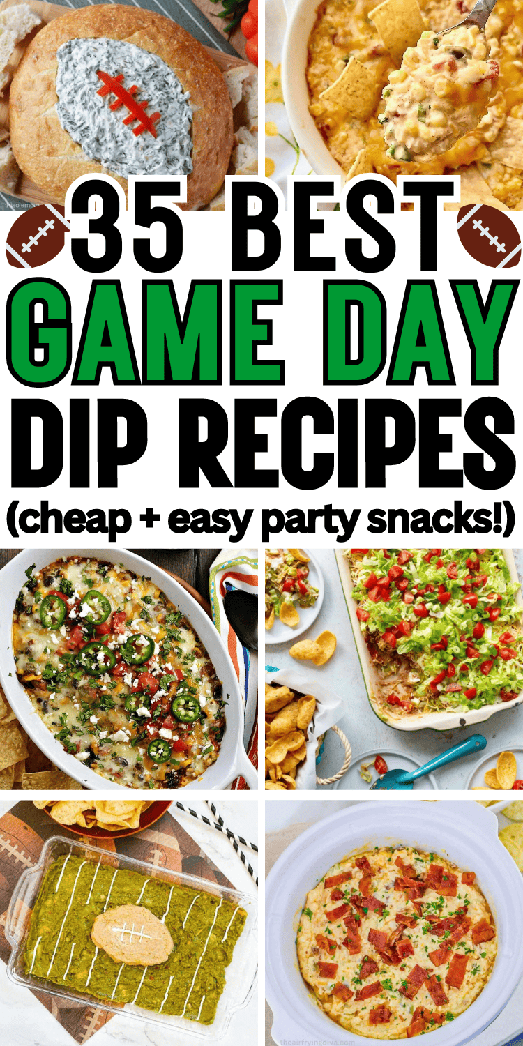 The best game day dips for football season! These football dip ideas include no cook cold dips and hot dip recipes like queso, buffalo chicken, jalapeno popper, and vegetarian cheesy corn dip. Easy football food ideas & game day snacks, hot dip superbowl dips easy, game day appetizers dips, superbowl party food ideas, game day crock pot dips, sweet game day dessert dips, tailgate snacks, football sunday food, gameday food, football appetizers, recipes, football party foods, football game snacks.