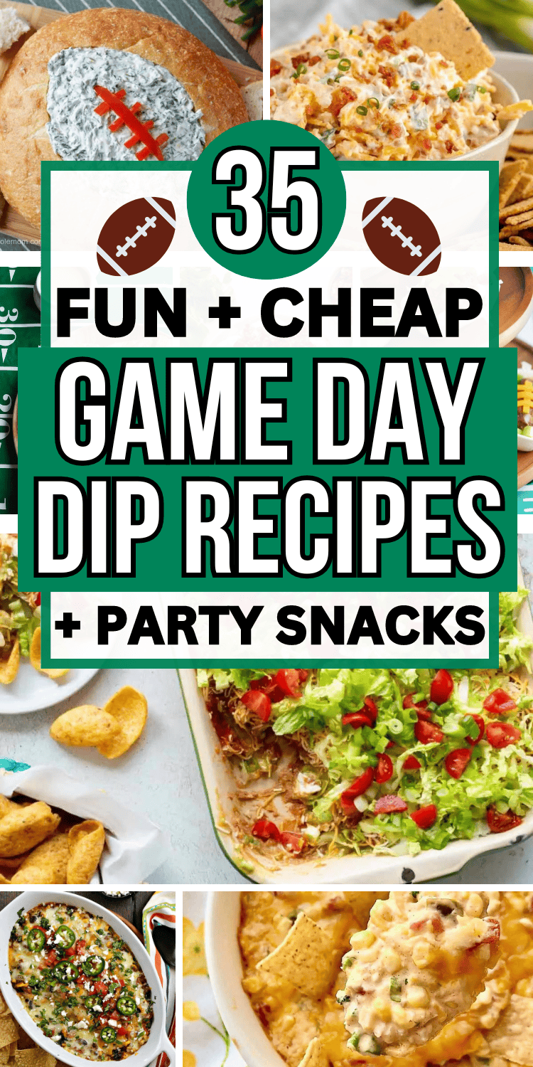 The best game day dips for football season! These football dip ideas include no cook cold dips and hot dip recipes like queso, buffalo chicken, jalapeno popper, and vegetarian cheesy corn dip. Easy football food ideas & game day snacks, hot dip superbowl dips easy, game day appetizers dips, superbowl party food ideas, game day crock pot dips, sweet game day dessert dips, tailgate snacks, football sunday food, gameday food, football appetizers, recipes, football party foods, football game snacks.