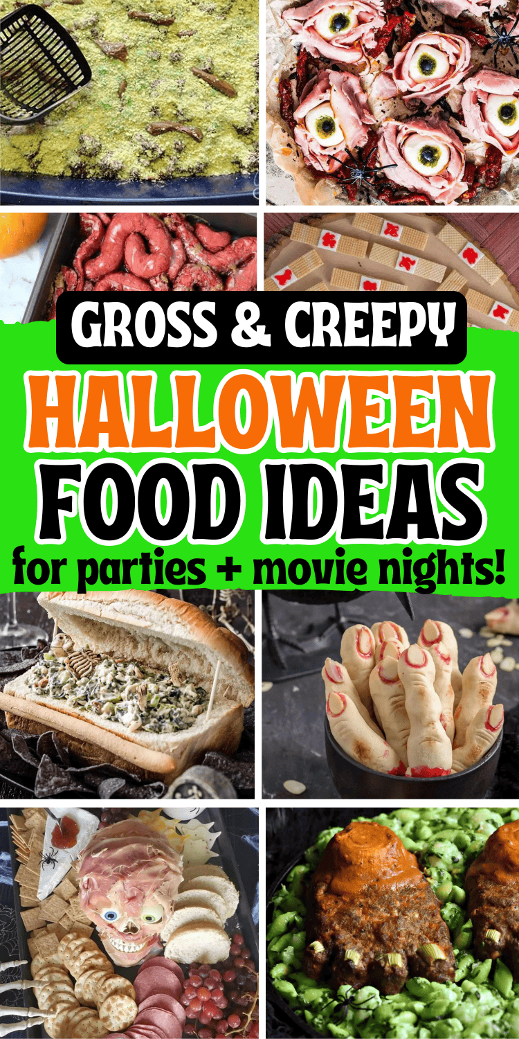 Creepy Halloween food ideas for parties! These creative gross and spooky Halloween recipes include creepy appetizers and finger foods, horror snack ideas, and ghoulish dinners and desserts, perfect for your Halloween menu. Easy scary themed food for adults, creepy food ideas for halloween with skeleton, skull, bloody brain, spooky food ideas creepy halloween, creepy halloween party food, horror food ideas creepy halloween, halloween party food scary, gross halloween foods, halloween party dinner