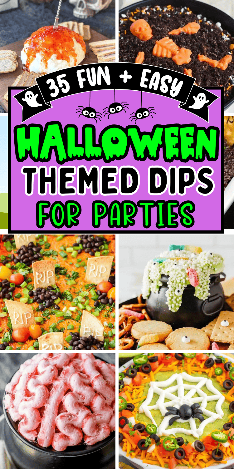 Easy Halloween dips for parties! Fun Halloween themed party dips including savory dip recipes and sweet dessert dips. From gross throw up queso dip and graveyard taco dip to cute halloween dessert dip for kids, you’ll love these easy halloween party appetizers. Cheap potluck ideas for Halloween, easy halloween desserts, halloween crockpot dip, creepy appetizers, adult halloween party food, halloween camping food ideas, simple halloween snacks, halloween charcuterie, spooky dips, movie night food