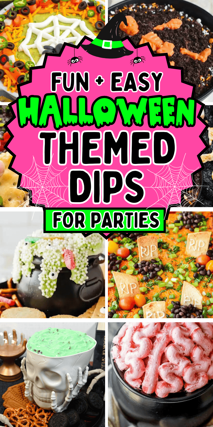 Easy Halloween dips for parties! Fun Halloween themed party dips including savory dip recipes and sweet dessert dips. From gross throw up queso dip and graveyard taco dip to cute halloween dessert dip for kids, you’ll love these easy halloween party appetizers. Cheap potluck ideas for Halloween, easy halloween desserts, halloween crockpot dip, creepy appetizers, adult halloween party food, halloween camping food ideas, simple halloween snacks, halloween charcuterie, spooky dips, movie night food