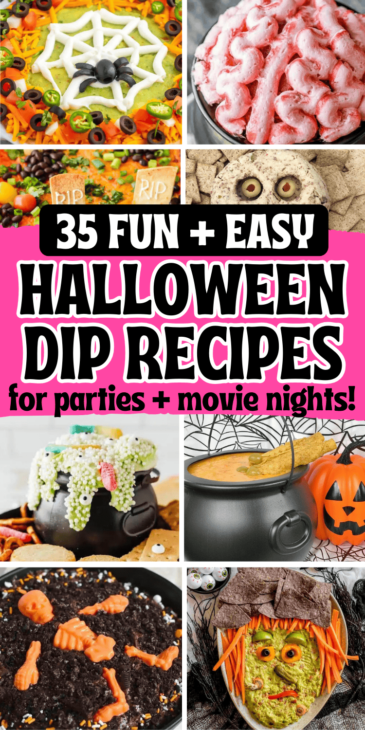 Easy Halloween dips for parties! Fun Halloween themed party dips including savory dip recipes and sweet dessert dips. From gross throw up queso dip and graveyard taco dip to cute halloween dessert dip for kids, you’ll love these easy halloween party appetizers. Cheap potluck ideas for Halloween, easy halloween desserts, halloween crockpot dip, creepy appetizers, adult halloween party food, halloween camping food ideas, simple halloween snacks, halloween charcuterie, spooky dips, movie night food