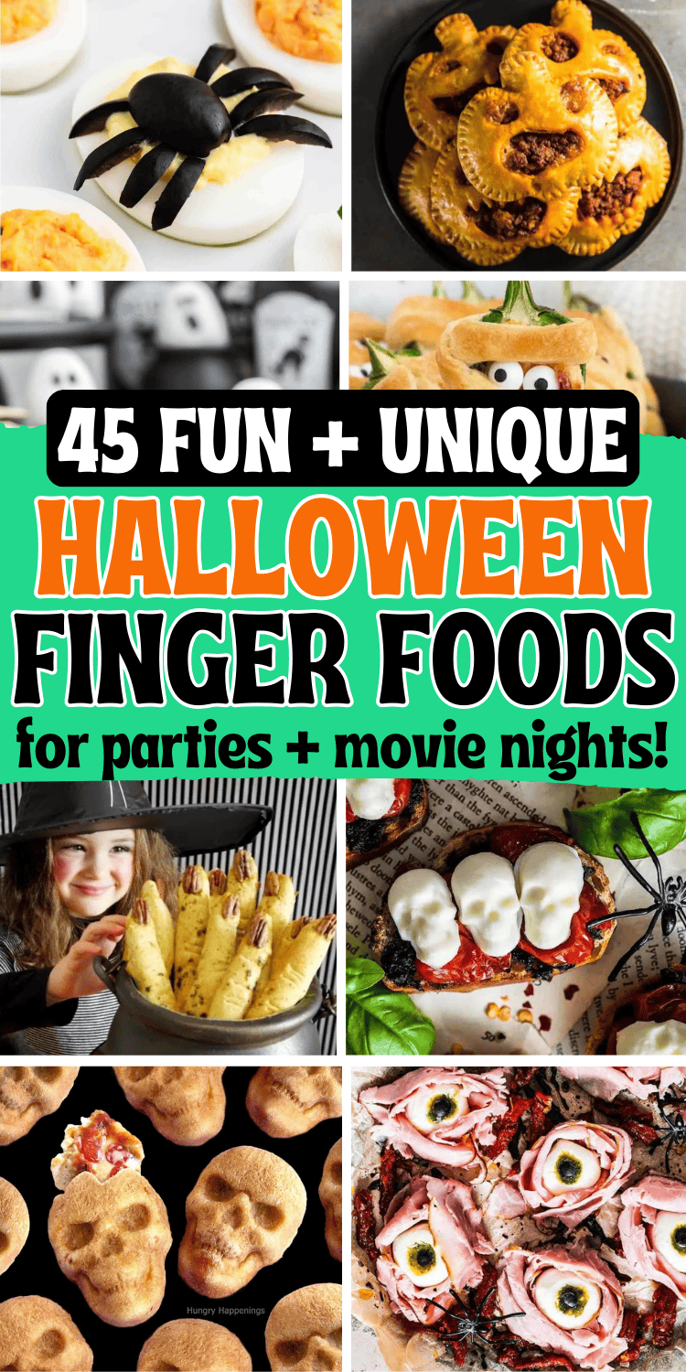 Looking for some spooky finger foods for a Halloween party? You’ll love these quick easy Halloween themed appetizers and party snacks! From savory halloween themed finger foods to cute Halloween desserts, these are the best halloween snacks for potluck parties and movie nights. Halloween party finger foods, appetizer recipes easy finger foods halloween, cheap halloween party finger foods, halloween birthday party foods, finger food halloween ideas, cute halloween party appetizers, spooky treats.