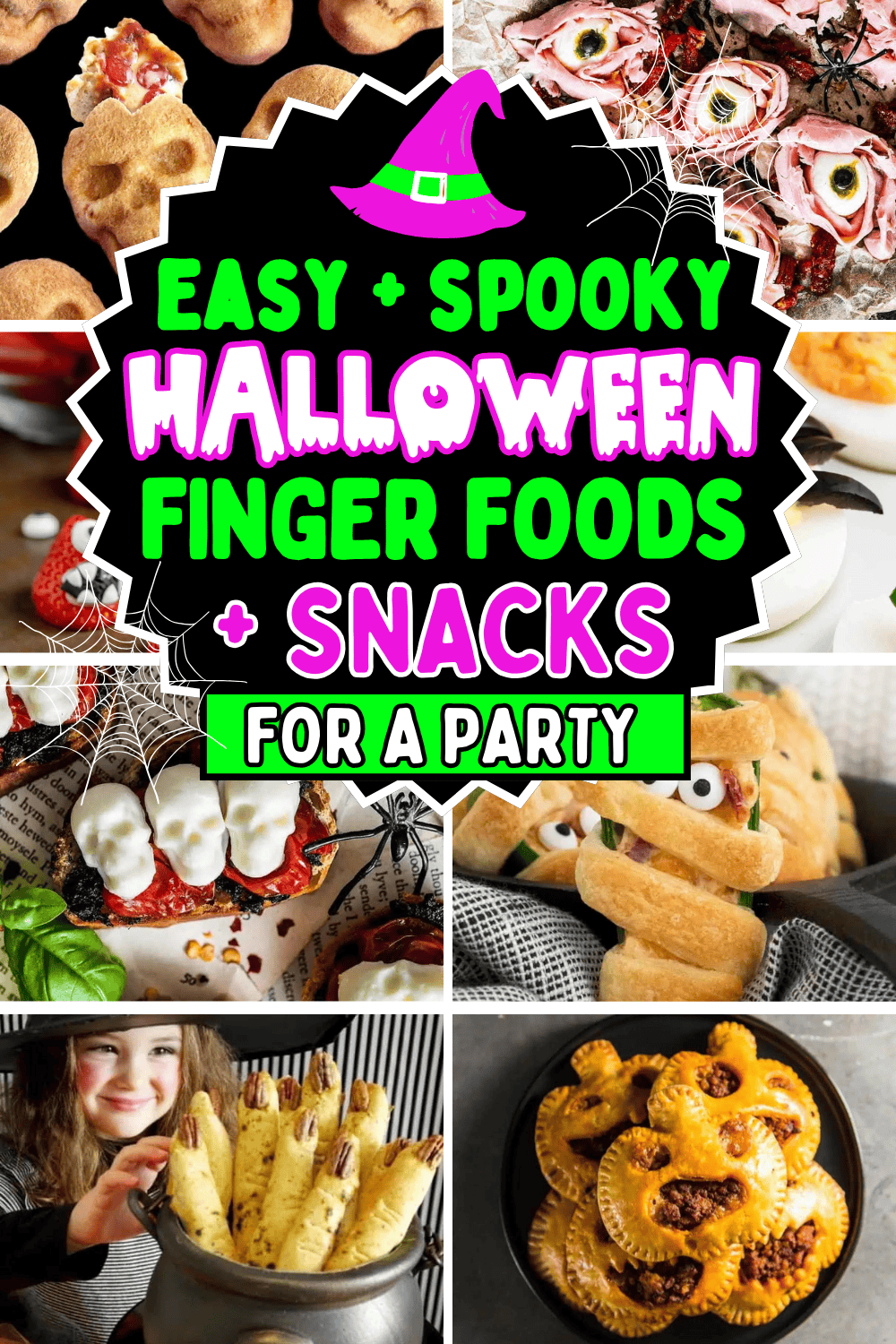 Looking for some spooky finger foods for a Halloween party? You’ll love these quick easy Halloween themed appetizers and party snacks! From savory halloween themed finger foods to cute Halloween desserts, these are the best halloween snacks for potluck parties and movie nights. Halloween party finger foods, appetizer recipes easy finger foods halloween, cheap halloween party finger foods, halloween birthday party foods, finger food halloween ideas, cute halloween party appetizers, spooky treats.