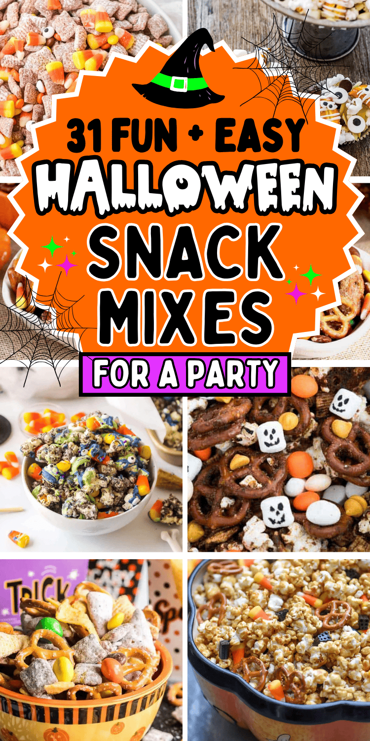 Easy Halloween snack mix recipes! These spooky snack mix ideas are the best sweet and salty no bake party snacks for a crowd. With ingredients like candy corn, popcorn, bugles, white chocolate, these fall chex mix recipes are perfect for kids after school snacks, in treat bags for school party, or movie night snacks. Halloween trail mix snack, healthy gluten free fall snack mixes, halloween snack mix ideas, harvest snack mix for fall, autumn mix, halloween snack mix bar, Halloween themed snacks.