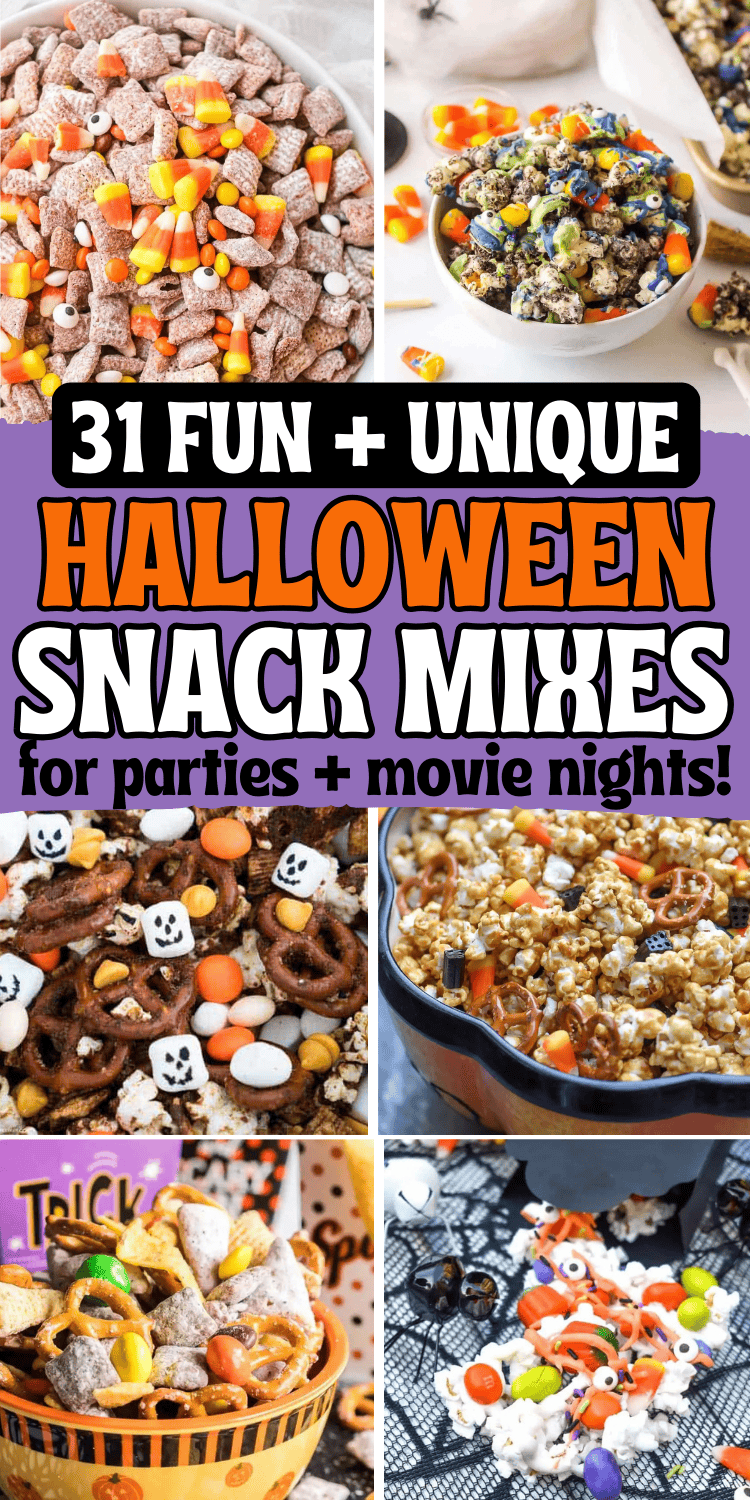 Easy Halloween snack mix recipes! These spooky snack mix ideas are the best sweet and salty no bake party snacks for a crowd. With ingredients like candy corn, popcorn, bugles, white chocolate, these fall chex mix recipes are perfect for kids after school snacks, in treat bags for school party, or movie night snacks. Halloween trail mix snack, healthy gluten free fall snack mixes, halloween snack mix ideas, harvest snack mix for fall, autumn mix, halloween snack mix bar, Halloween themed snacks.