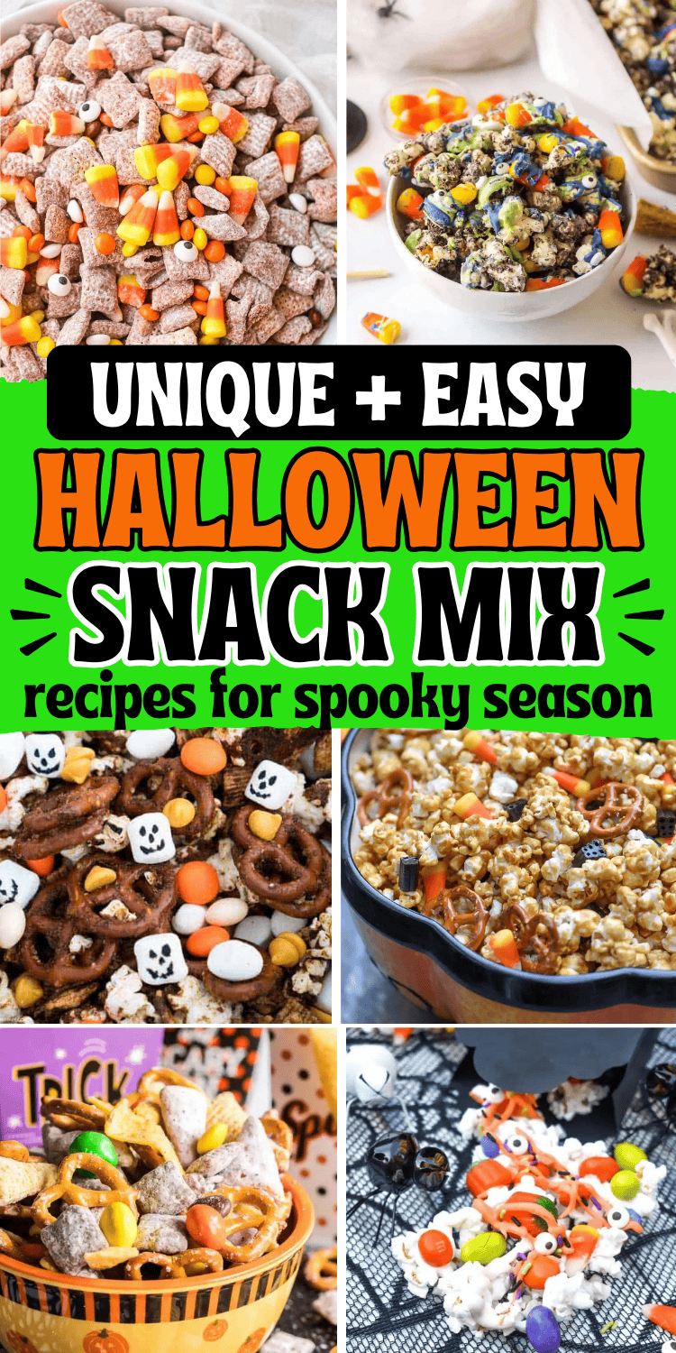 Easy Halloween snack mix recipes! These spooky snack mix ideas are the best sweet and salty no bake party snacks for a crowd. With ingredients like candy corn, popcorn, bugles, white chocolate, these fall chex mix recipes are perfect for kids after school snacks, in treat bags for school party, or movie night snacks. Halloween trail mix snack, healthy gluten free fall snack mixes, halloween snack mix ideas, harvest snack mix for fall, autumn mix, halloween snack mix bar, Halloween themed snacks.