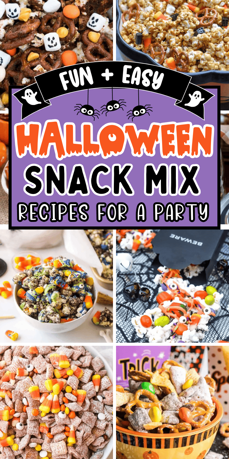 Easy Halloween snack mix recipes! These spooky snack mix ideas are the best sweet and salty no bake party snacks for a crowd. With ingredients like candy corn, popcorn, bugles, white chocolate, these fall chex mix recipes are perfect for kids after school snacks, in treat bags for school party, or movie night snacks. Halloween trail mix snack, healthy gluten free fall snack mixes, halloween snack mix ideas, harvest snack mix for fall, autumn mix, halloween snack mix bar, Halloween themed snacks.