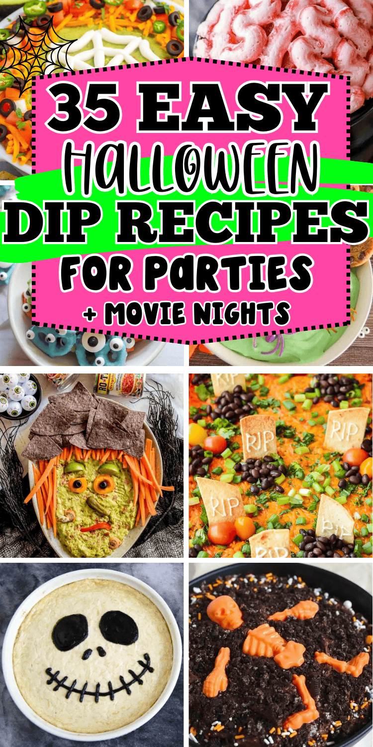 Easy Halloween dips for parties! Fun Halloween themed party dips including savory dip recipes and sweet dessert dips. From gross throw up queso dip and graveyard taco dip to cute halloween dessert dip for kids, you’ll love these easy halloween party appetizers. Cheap potluck ideas for Halloween, easy halloween desserts, halloween crockpot dip, creepy appetizers, adult halloween party food, halloween camping food ideas, simple halloween snacks, halloween charcuterie, spooky dips, movie night food