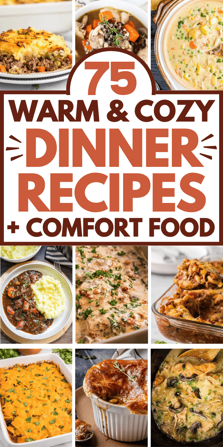 Looking for some cozy and comforting dinner recipes? These cozy dinner recipes are perfect for fall and winter or Sunday dinners! All those comfort foods you love like marry me chicken, lasagna soup, crockpot chicken and dumplings, beef stew and chicken casserole. Comfort food recipes easy, cheap comforting meals, fall food recipes dinner families, quick comfort food dinners weeknight meals, weekend dinner recipes for a family, easy comfort meals, homestyle recipes, autumn aesthetic cozy food.