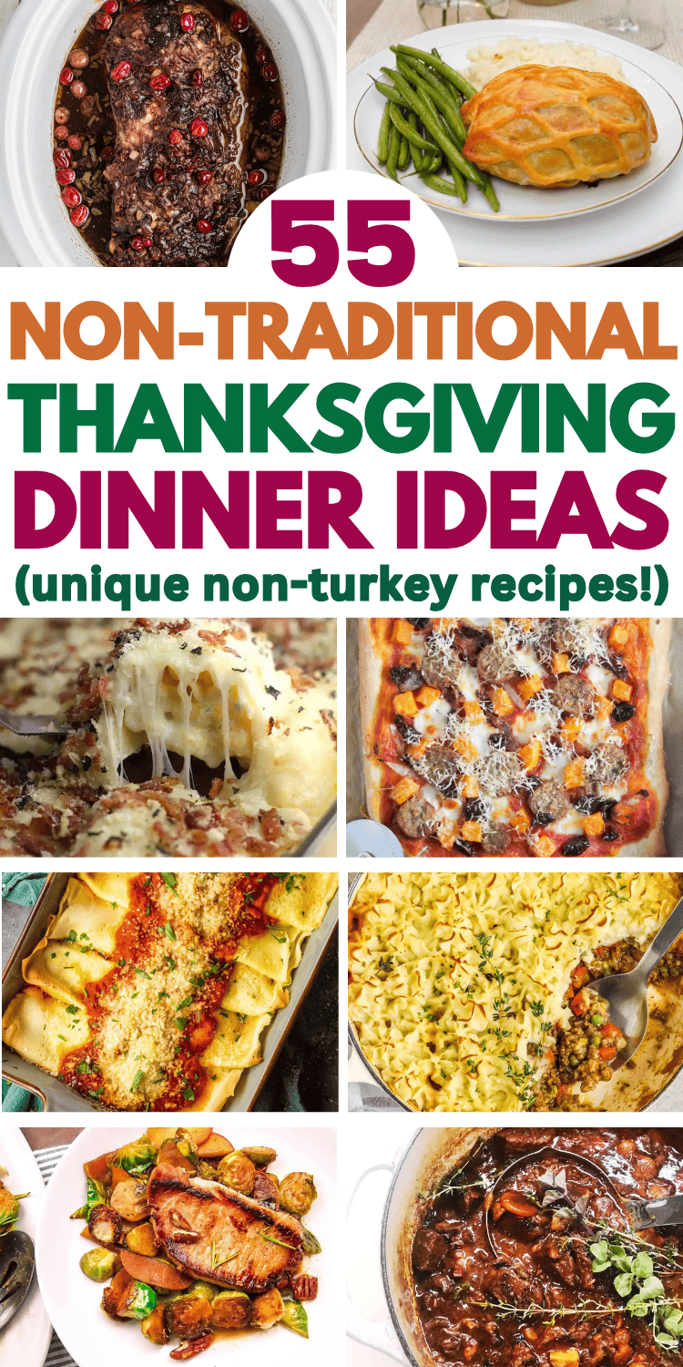 Unique Thanksgiving dinner ideas! Tired of turkey? Change up your menu with fun new ideas for Thanksgiving dinner. These non turkey dinner ideas include alternative steak, chicken, pork, pasta, seafood and other fun different thanksgiving dinner ideas. Thanksgiving menu ideas nontraditional, alternate thanksgiving dinner ideas besides turkey, unique thanksgiving recipes dinners, non turkey thanksgiving dinner ideas family, non thanksgiving dinner ideas, unconventional thanksgiving main dishes.