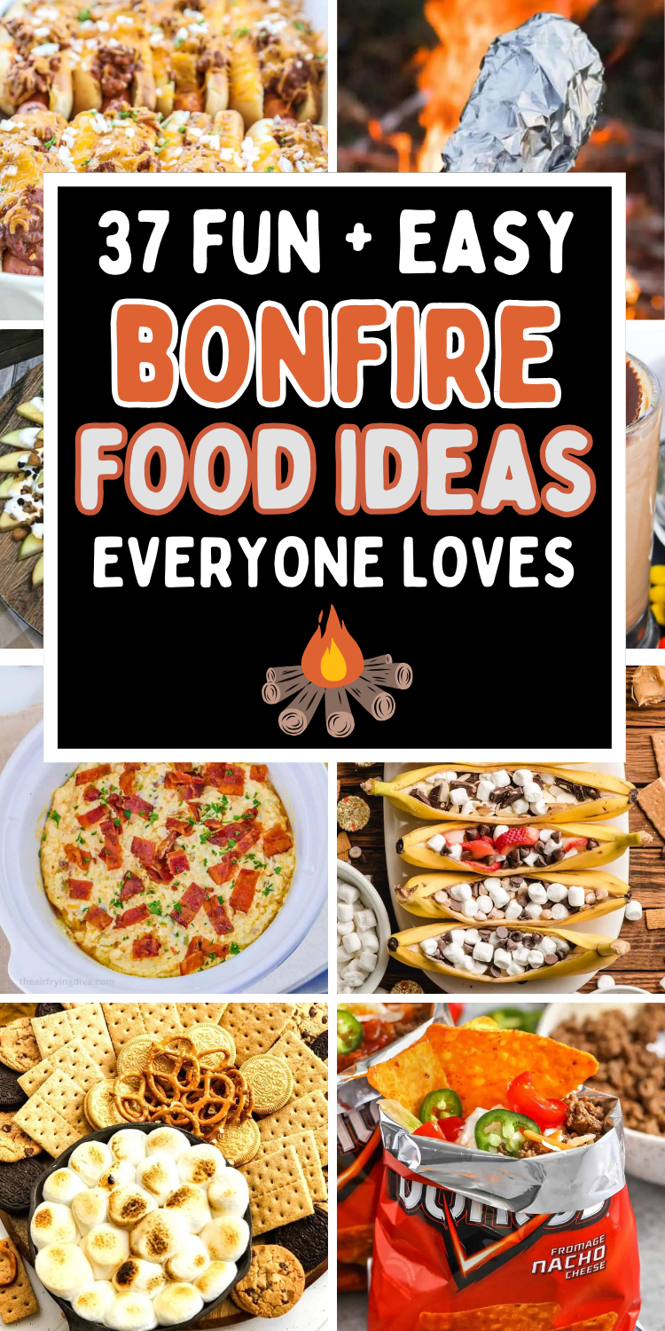 Fun bonfire food ideas and campfire snacks! Hosting a fall backyard bonfire party is easy when you add these amazing appetizers, campfire desserts, snack mixes, and smores ideas to your bonfire menu. Snacks for a bonfire party, halloween bonfire party food, bonfire party ideas, beach bonfire food ideas, bonfire aesthetic, bonfire night treats, campfire food ideas, bonfire potluck ideas, autumn bonfire party food, camping party food ideas, bon fire snacks, fall foods for a crowd, fire pit food.