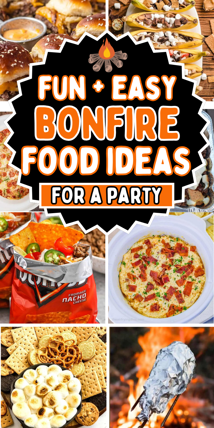 Fun bonfire food ideas and campfire snacks! Hosting a fall backyard bonfire party is easy when you add these amazing appetizers, campfire desserts, snack mixes, and smores ideas to your bonfire menu. Snacks for a bonfire party, halloween bonfire party food, bonfire party ideas, beach bonfire food ideas, bonfire aesthetic, bonfire night treats, campfire food ideas, bonfire potluck ideas, autumn bonfire party food, camping party food ideas, bon fire snacks, fall foods for a crowd, fire pit food.