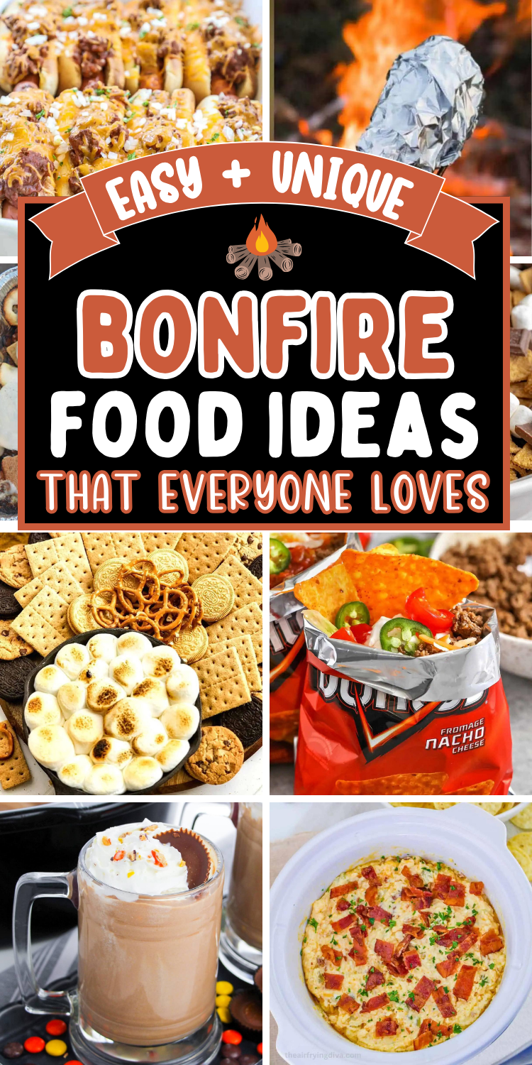 Fun bonfire food ideas and campfire snacks! Hosting a fall backyard bonfire party is easy when you add these amazing appetizers, campfire desserts, snack mixes, and smores ideas to your bonfire menu. Snacks for a bonfire party, halloween bonfire party food, bonfire party ideas, beach bonfire food ideas, bonfire aesthetic, bonfire night treats, campfire food ideas, bonfire potluck ideas, autumn bonfire party food, camping party food ideas, bon fire snacks, fall foods for a crowd, fire pit food.