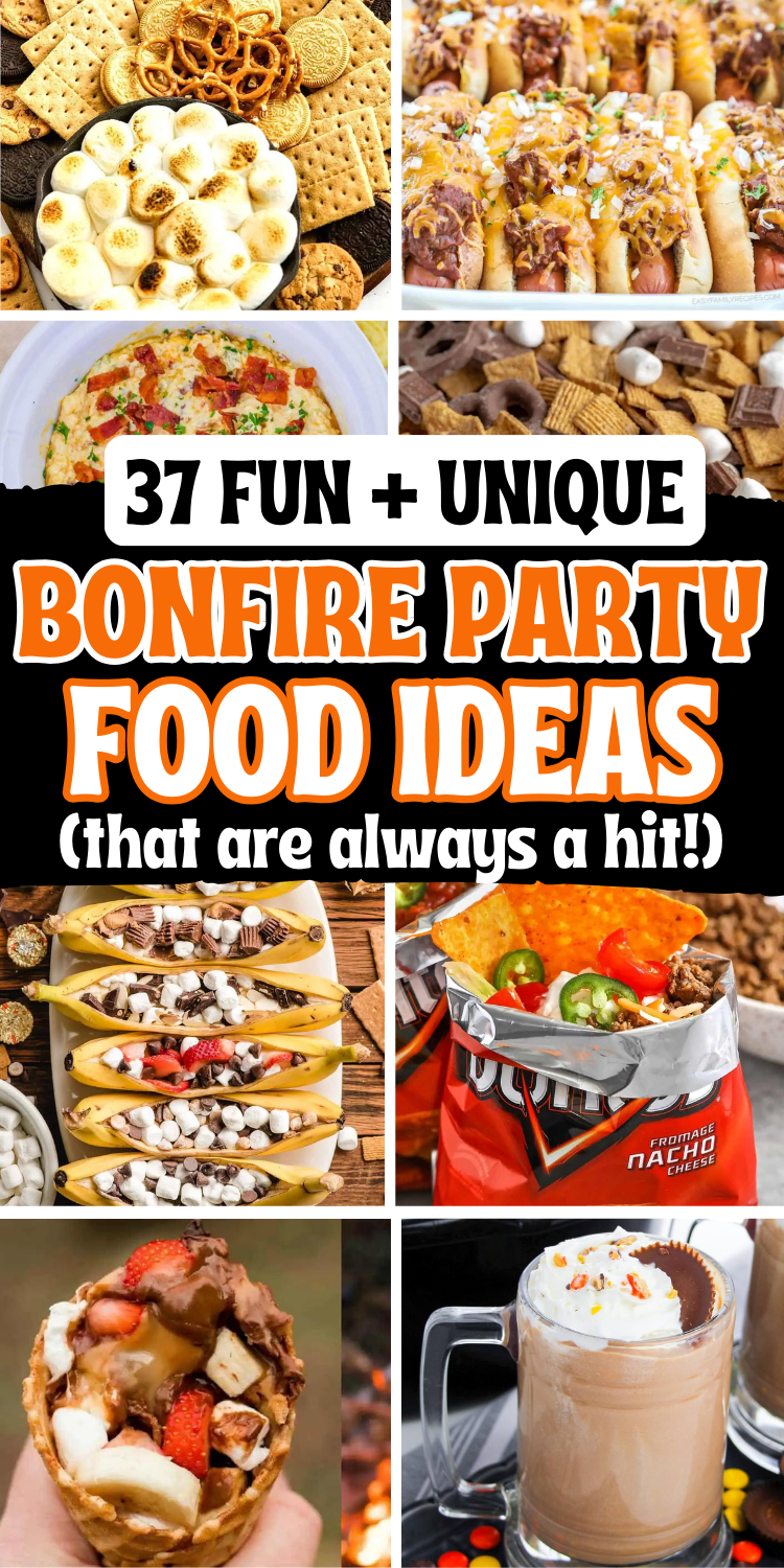 Fun bonfire food ideas and campfire snacks! Hosting a fall backyard bonfire party is easy when you add these amazing appetizers, campfire desserts, snack mixes, and smores ideas to your bonfire menu. Snacks for a bonfire party, halloween bonfire party food, bonfire party ideas, beach bonfire food ideas, bonfire aesthetic, bonfire night treats, campfire food ideas, bonfire potluck ideas, autumn bonfire party food, camping party food ideas, bon fire snacks, fall foods for a crowd, fire pit food.