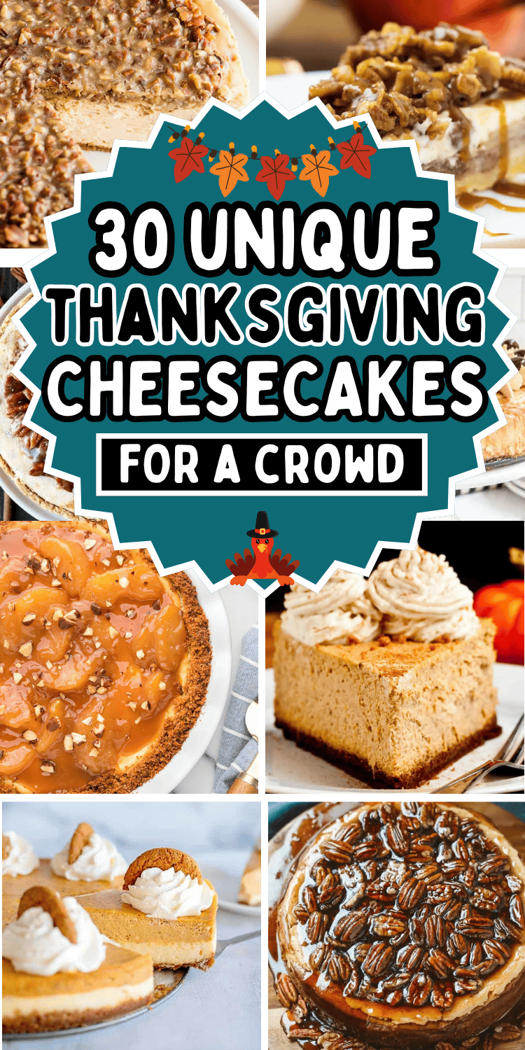 The best Thanksgiving cheesecake recipes! These unique Thanksgiving desserts include baked or easy no bake pumpkin cheesecake, caramel apple and pecan pie cheesecake, cheesecake bars, mini cheesecake bites, and more holiday cheesecake recipes! Thanksgiving cheesecake flavors, fall desserts thanksgiving, fall cheesecake recipes, different thanksgiving desserts, homemade cheesecake recipes for thanksgiving, make ahead thanksgiving dessert ideas for a crowd, gluten free thanksgiving dessert recipes