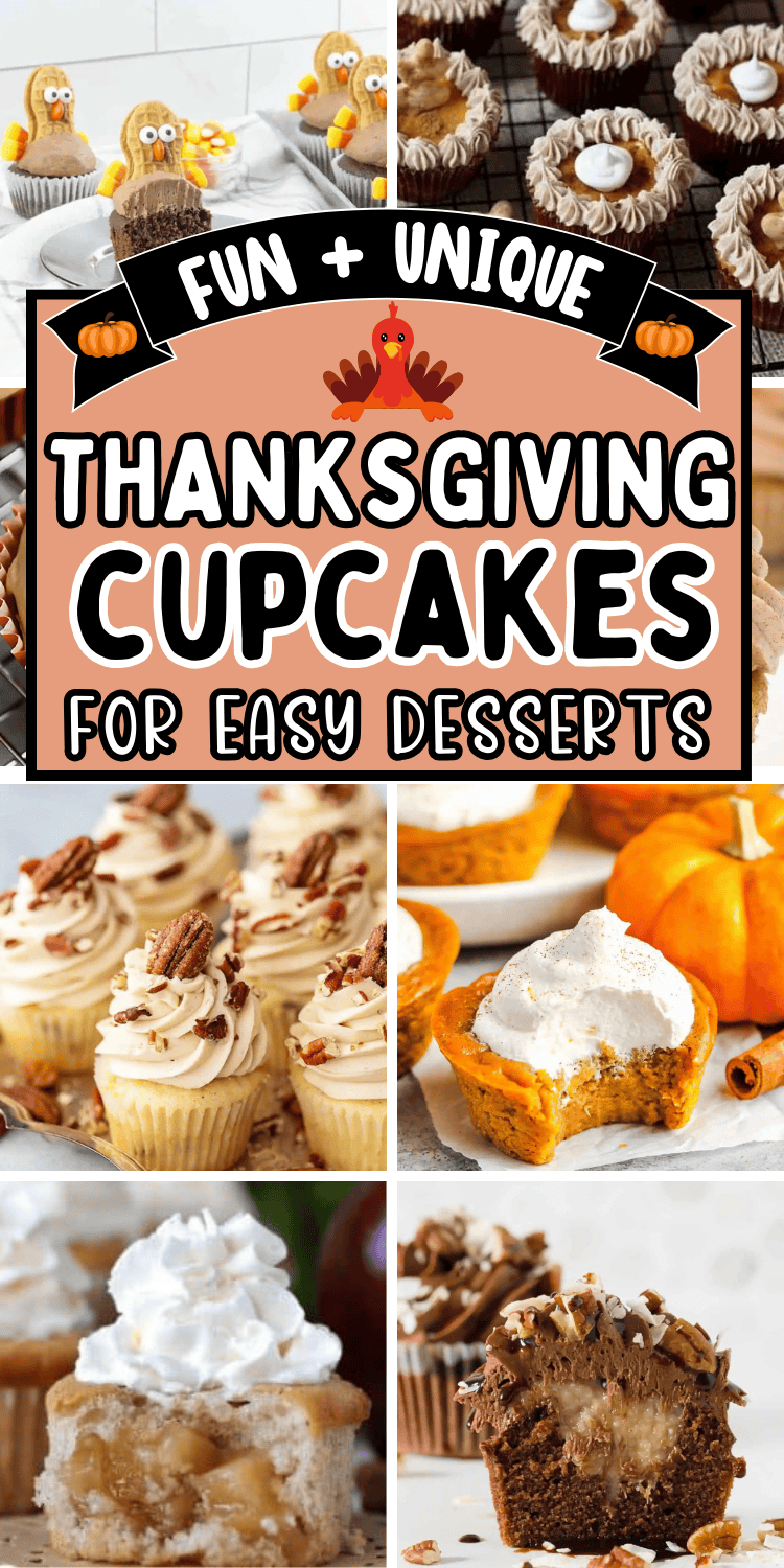 Fun Thanksgiving cupcakes! These easy Thanksgiving dessert recipes are unique cupcake recipes to spice up your holiday baking. Cute thanksgiving cupcakes ideas or kids, holiday cupcakes thanksgiving, thanksgiving treats cupcakes, thanksgiving baking, thanksgiving cupcakes aesthetic, fall desserts cupcakes, cute thanksgiving desserts, thanksgiving decorated cupcakes, thanksgiving pie cupcake, holiday baking thanksgiving cupcakes, thanksgiving recipes dessert cupcakes, cupcakes for thanksgiving.