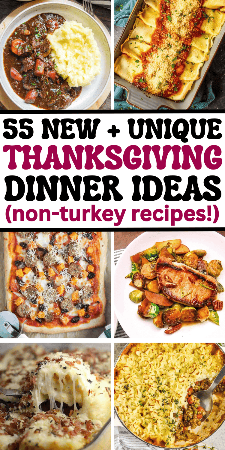 Unique Thanksgiving dinner ideas! Tired of turkey? Change up your menu with fun new ideas for Thanksgiving dinner. These non turkey dinner ideas include alternative steak, chicken, pork, pasta, seafood and other fun different thanksgiving dinner ideas. Thanksgiving menu ideas nontraditional, alternate thanksgiving dinner ideas besides turkey, unique thanksgiving recipes dinners, non turkey thanksgiving dinner ideas family, non thanksgiving dinner ideas, unconventional thanksgiving main dishes.