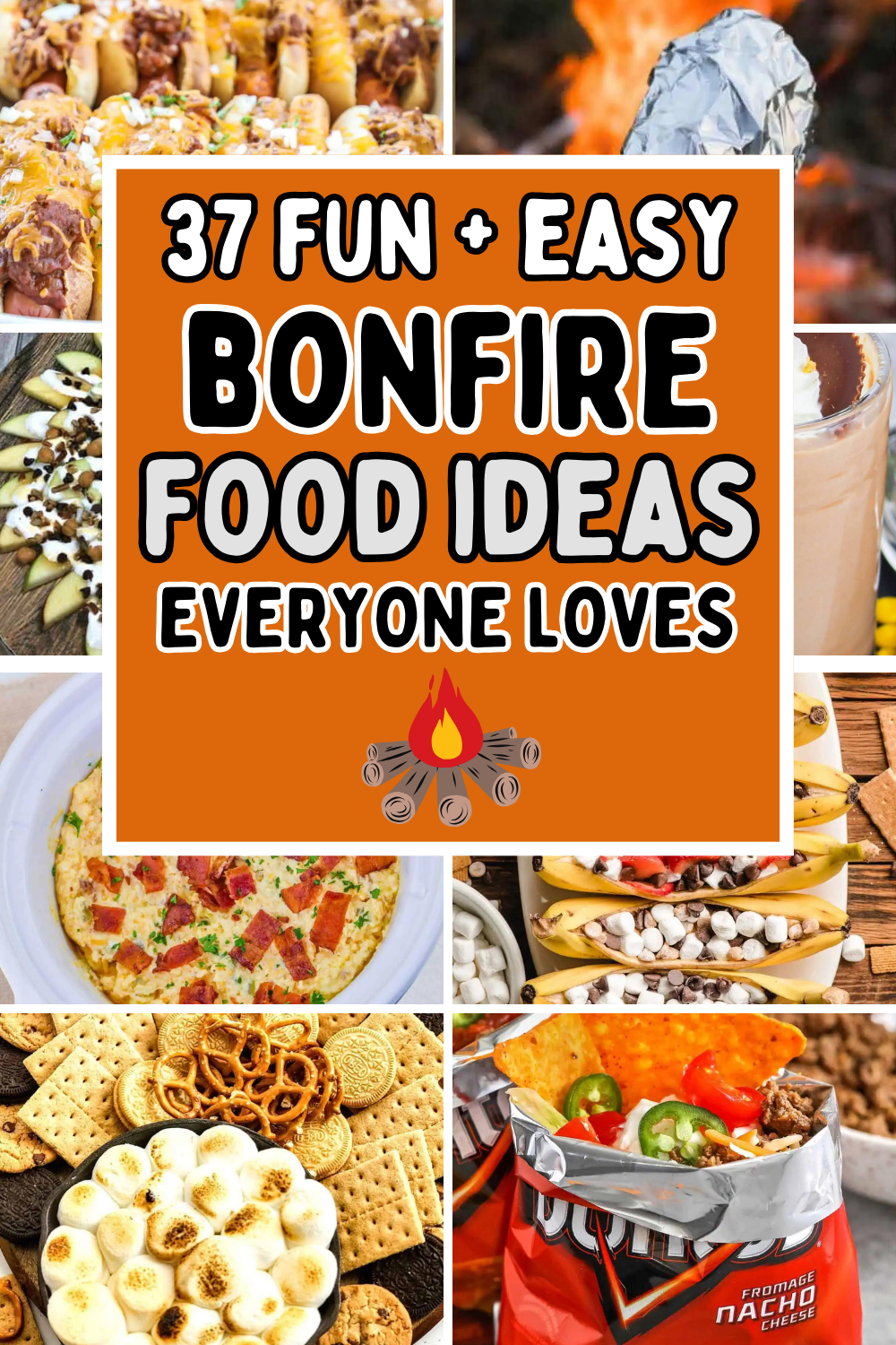 Fun bonfire food ideas and campfire snacks! Hosting a fall backyard bonfire party is easy when you add these amazing appetizers, campfire desserts, snack mixes, and smores ideas to your bonfire menu. Snacks for a bonfire party, halloween bonfire party food, bonfire party ideas, beach bonfire food ideas, bonfire aesthetic, bonfire night treats, campfire food ideas, bonfire potluck ideas, autumn bonfire party food, camping party food ideas, bon fire snacks, fall foods for a crowd, fire pit food.