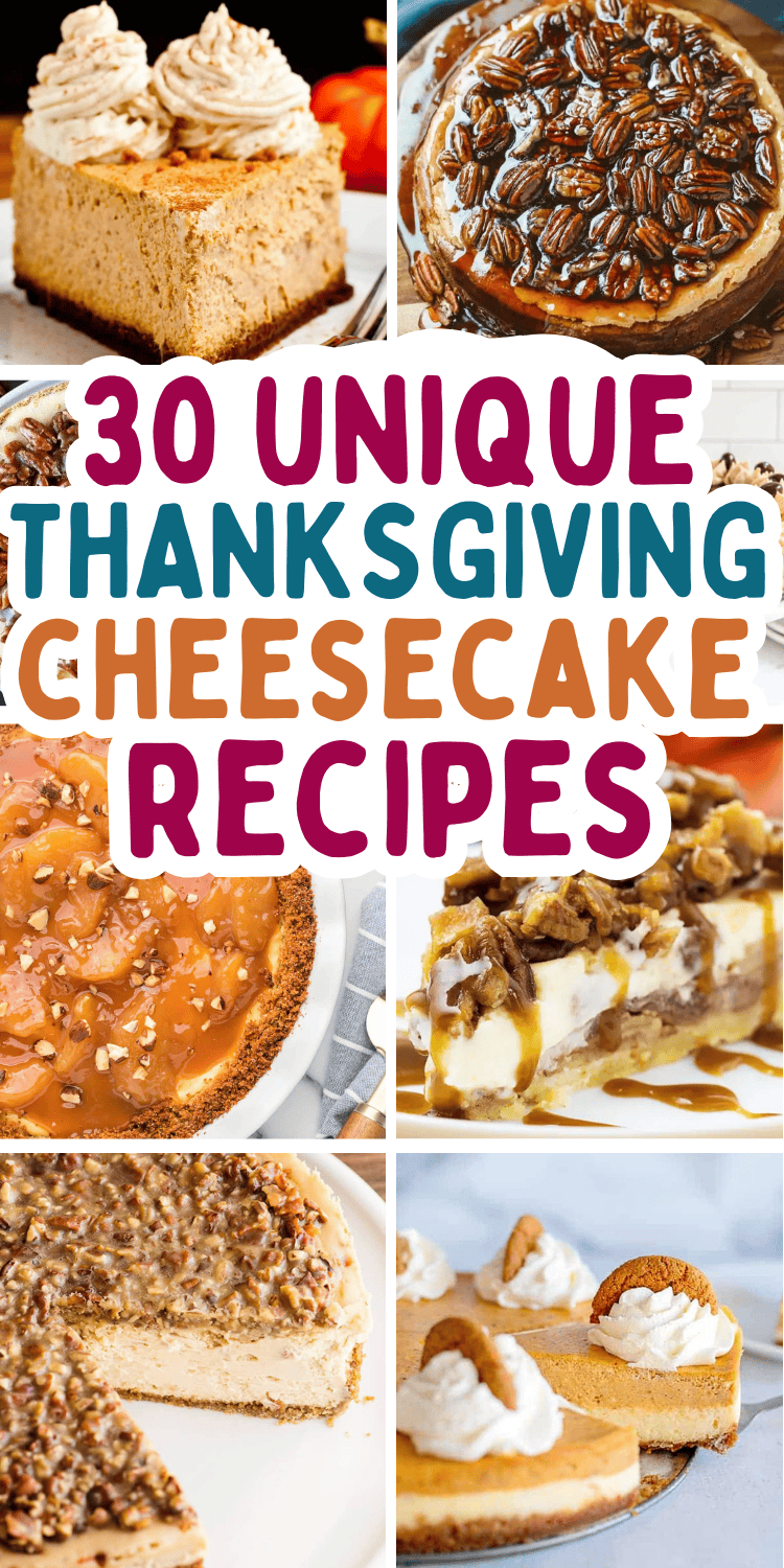 The best Thanksgiving cheesecake recipes! These unique Thanksgiving desserts include baked or easy no bake pumpkin cheesecake, caramel apple and pecan pie cheesecake, cheesecake bars, mini cheesecake bites, and more holiday cheesecake recipes! Thanksgiving cheesecake flavors, fall desserts thanksgiving, fall cheesecake recipes, different thanksgiving desserts, homemade cheesecake recipes for thanksgiving, make ahead thanksgiving dessert ideas for a crowd, gluten free thanksgiving dessert recipes