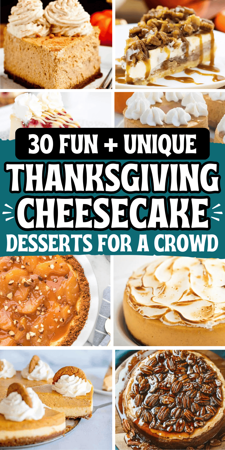 The best Thanksgiving cheesecake recipes! These unique Thanksgiving desserts include baked or easy no bake pumpkin cheesecake, caramel apple and pecan pie cheesecake, cheesecake bars, mini cheesecake bites, and more holiday cheesecake recipes! Thanksgiving cheesecake flavors, fall desserts thanksgiving, fall cheesecake recipes, different thanksgiving desserts, homemade cheesecake recipes for thanksgiving, make ahead thanksgiving dessert ideas for a crowd, gluten free thanksgiving dessert recipes